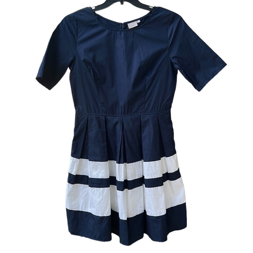 EShakti Short Sleeve Fit & Flare Skater Dress Pleated Navy/White 100% Cotton SzL